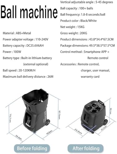 Fully Automatic Tennis Ball Machine with Remote Control, 115 Balls Capacity, Adjustable Speed 20-120KM/H, Max Serving Distance 26M, 5-45° Angle for Ultimate Training Experience.