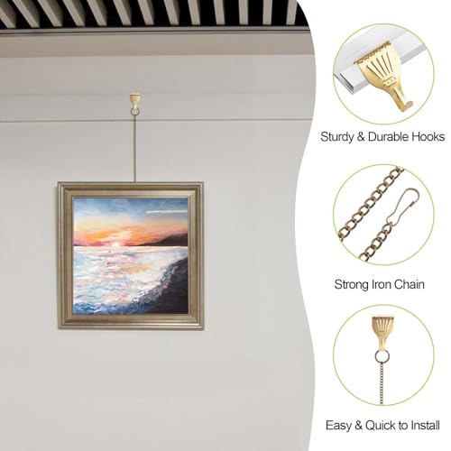 Image of Picture Hanging Kit 6Pcs Picture Rail Hooks with 6Pcs Chains Metal Rail Hanging Hooks Picture Display Hanging System for Wall Picture, Exhibition (Gold /Bronze)