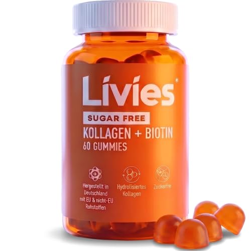 Livies Kollagen + Biotin Gummies mit Kollagen Vitamin C Zink & Vitaminkomplex Zuckerfrei Glutenfrei Geschmack: Papaya Sternfrucht & Kirsche 60 Gummies Made in Germany (1)
