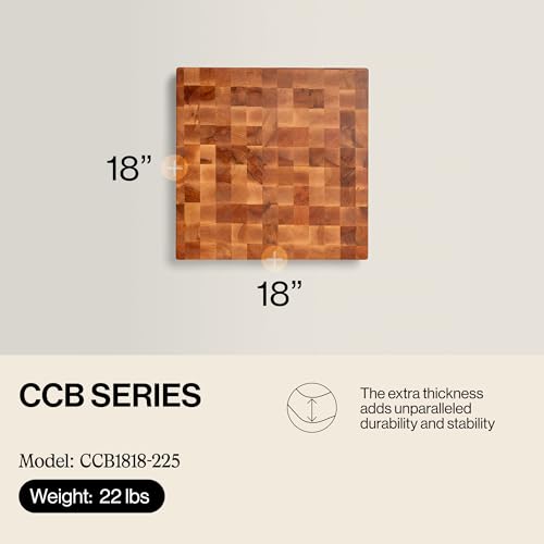 John Boos CCB Series Square Wooden Maple Cutting Board 18”x18” – 2.25” Thick, 22-lb Reversible Butcher Block with End-Grain & Finger Grips – Made in the USA