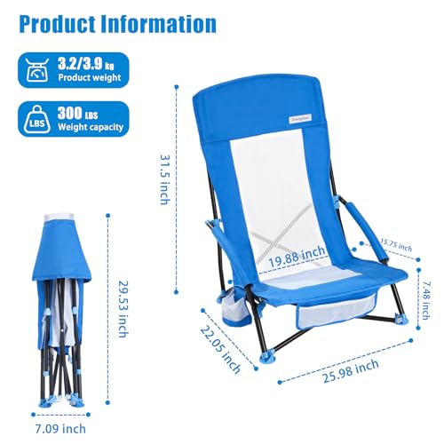 SUNNYFEEL Folding Beach Chair, High Back Beach Chairs for Adults, Lightweight Portable Camp Chair 300lbs Heavy Duty with Carry Bag, Mesh Back, Cup Holder for Outdoor Travel Picnic Concert, Blue - Thumbnail 3
