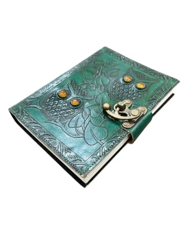 Carnet de notes cuir vert chouette feuilles blanches sans lignes - 3