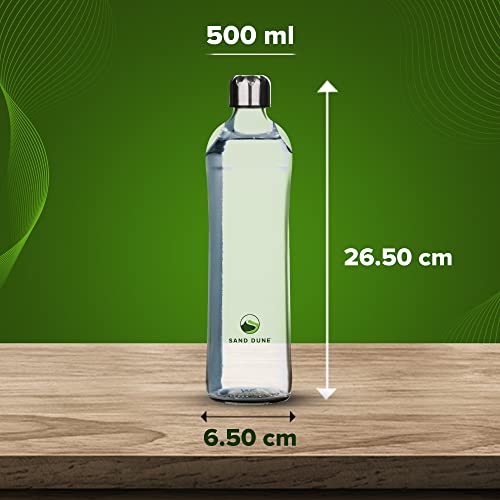 Image of SAND DUNE Set of 4, 500 ml Each MCA Glass water bottle, with Leak-Proof Airtight Stainless-Steel Lid for Water, Smoothie, Juices - Reusable Travel Glass Drinking Fridge Bottles