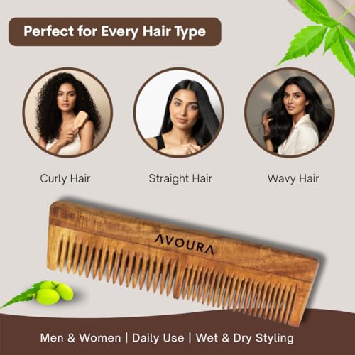 Image of Kacchi Neem Wooden Comb Set (2 Pcs), Infused with 21+ Herbs Amla, Bhringraj Oils - Up to 70% Dandruff Control | Anti-Static, Plastic-Free (Handle Comb + Dual Tooth) Ayurvedic Hairs Accessory
