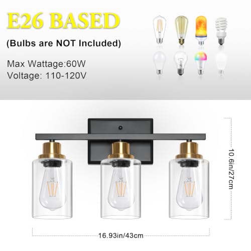 Image of Ascher Bathroom Vanity Light Fixtures, 3 Light Wall Sconces Lighting with Clear Glass Shade, Black and Gold Wall Lights for Mirror, Kitchen, Living Room, Hallway, E26 Base (Bulbs Not Included)