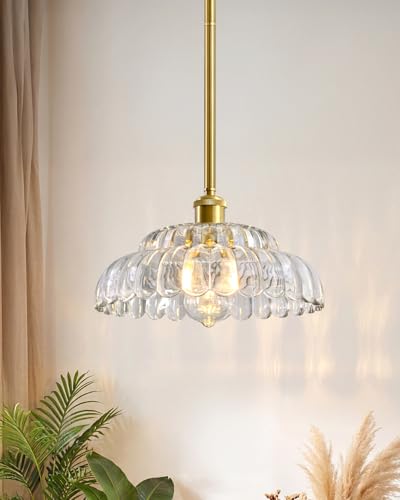 Rjieoc Elegant Transparent Glass Pendant Lamp with Gold Base, Modern Chic Lighting Fixture for Living Room, Bedroom, and Office
