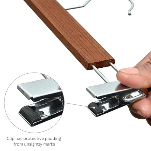 Image of BLOOMAX 12 Pcs Wooden Pant Hangers - Walnut Finish, 34 cm, Adjustable Chrome Clips, Non-Slip & Space Saving for Trouser, Skirt, Saree (Durable, Made in India)