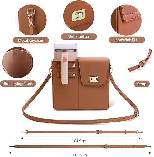 Image of House of Quirk Outdoor Portable Crossbody Tumbler Holder Bag with Purse Compartment - Travel Water Bottle Carrier for Hiking, Walking, Camping (Tan)