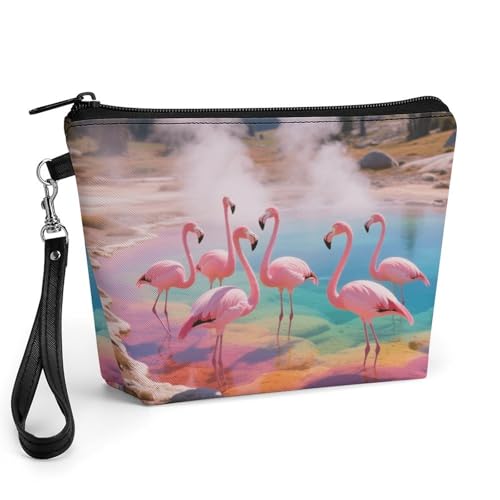 Bolsa de maquillaje de flamencos y neceser de cosméticos de piel sintética con asa