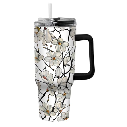 RainCaper 18/8 Stainless Steel Insulated Water Tumbler with Straw | 30oz, BPA-Free, Double Wall for Hot & Cold | Travel-Friendly, Cup Holder Ready (Tiffany Magnolia)