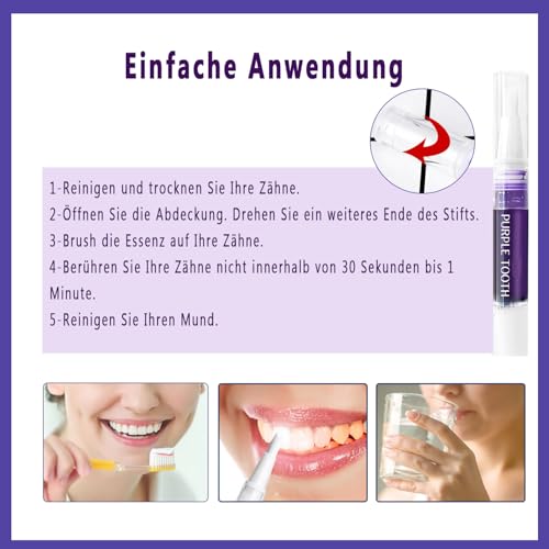 Zahnaufhellung Stift Bleaching Zähne, Purple Teeth Whitening Pen 3 Stück, Schmerzfreies Schnelles Aufhellen Zahnweiss Stift, Effektiv Flecken Entfernen für Weiße Zähne zu Hause