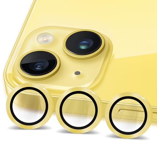 Image of ArmourPro Camera Lens Protectors for iPhone 14 Plus and iPhone 14 Tough HD Individual Aluminum Alloy Lens Ring Cover, Scratch Resistant, Thin Tempered Glass| Yellow, 1 Pack