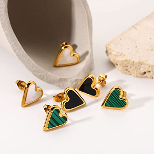 Bello Bee Heart Stud Earrings 18K Gold Plated Stainless Steel Natural Stone White Shell Green Malachite Black Shell For Women And Girls. (Green) #TOP6
