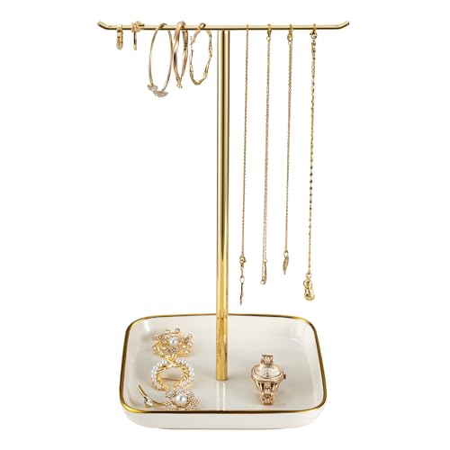 Organizador de joyas con base de cerámica: 30,5 cm de altura, organizador para collares, pulseras, anillos, pendientes, decoración estética de la habitación para mujeres y niñas, dorado