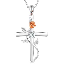 Cross Necklace for Women 925 Sterling Silver Rose Flower Religious Cross Pendant Necklace Jewelry Gifts for Women Girlfriend Wife