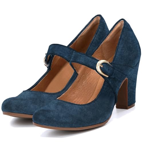 Image of SHODENSE Women Vintage Chunky High Heel Mary Jane Shoes Round Closed Toe Ankle Strap Dress Sandals 3 inch Block Heels Mary Jane Lolita Pumps Two-Toned Patchwork Buckle Office Lady Wedding Retro 4-11 M US