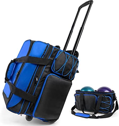 Double Roller Bowling Bag with Shoes Compartment, Large Capacity Bowling Ball Bag with Multi-Pockets for 2 Bowling Ball and Accessories, 2 Ball Bowling Bag with wheels & Retractable Handle (Blue)