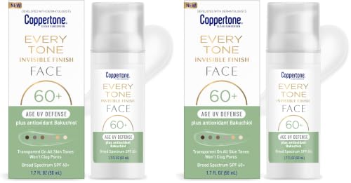 Image of Coppertone Every Tone Invisible Finish Age UV Defense Face Sunscreen SPF 60+ with Bakuchiol, Lightweight, Blends in Clear Sunscreen for All Skin Tones, 1.7 Fl Oz Pump Bottle (Pack of 2)