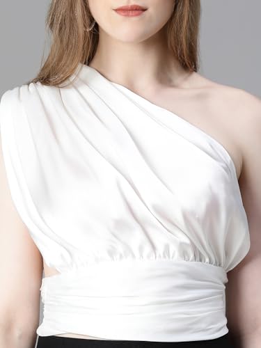 Image of oxolloxo Women Solid Elasticated One-Off Shoulder Satin Crop Top