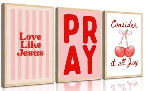 3Pcs Pink Christian Wall Art Trendy Christian Bible Verse Pictures Wall Decor Preppy Coquette Bow Scripture Aesthetic Posters Prints for Girly Bedroom Dorm Apartment Unframed 12x16in