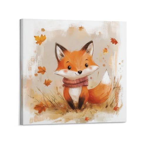 Poster sur toile renard avec foulard 50x50 cm encadré pour décoration murale