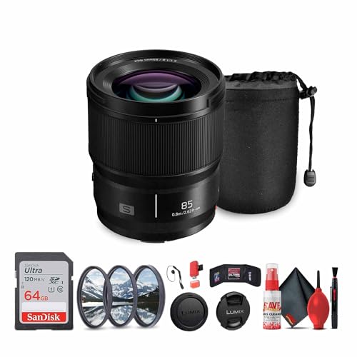 Image of Panasonic Lumix S 85mm f/1.8 Lens (S-S85) Bundle Including: 64 GB Memory Card, 3-Piece Filter Kit, Lens Caps, Lens Pouch, Cap Keeper, Full Cleaning Kit, Card Reader, Card Wallet