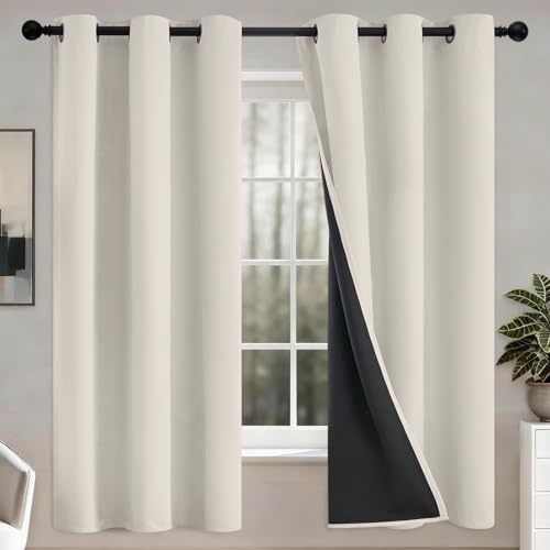 Image of COSVIYA 100% Cream Blackout Curtains for Kids Room 63 Inches Length | Room Darkening Light Blocking Drapes for Bedroom, Grommet Thermal Insulated Window Panels with Black Liner, W38xL63,2 Panels