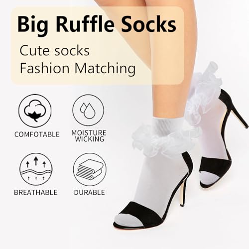 Image of Women Big Ruffle Ankle Socks Adult Double Lace Frilly Turn Cuff Dress Socks Cotton Cute Fancy Bobby Crew Socks