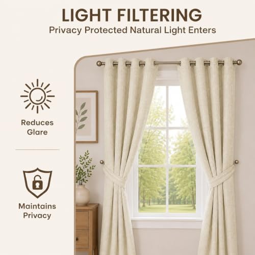 Image of Premium Faux Linen Curtain with Eyelets & Tie-Back | Modern Textured Light Filtering Door & Window Curtain for Home & Office | Washable, Durable & Easy to Maintain | Beige, Long Door - 9 ft