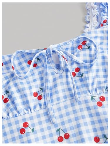 Image of MakeMeChic Women's Gingham Cherry Print Cami Dress Tie Front Sleeveless Mini Dresses Sundress