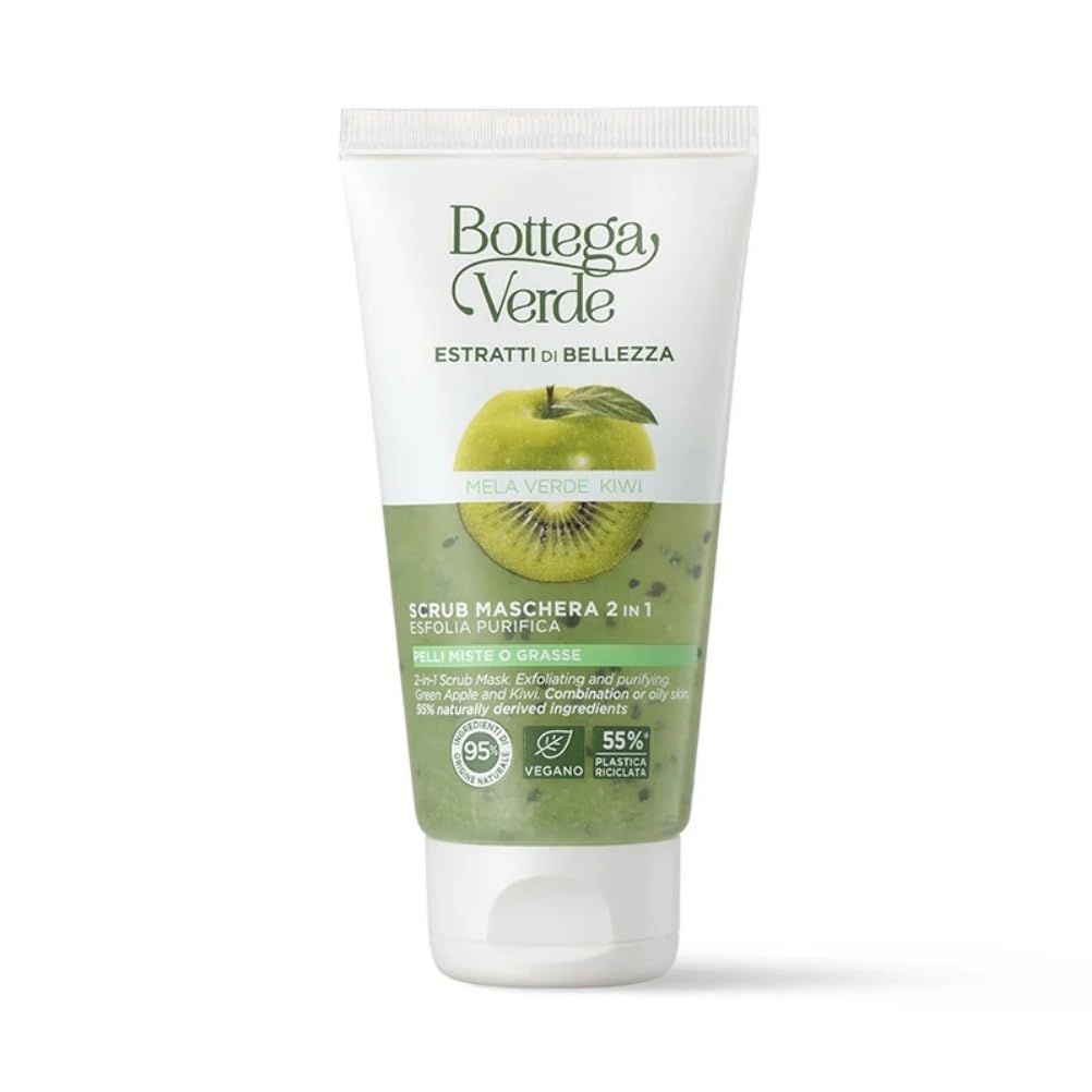 Bottega Verde - Estratti di Bellezza, Scrub e Maschera 2 in 1, 75 ml, con Succo di Mela Verde e Kiwi, Esfolia e Purifica, Per Pelli Miste o Grasse