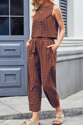 Women's 2 Piece Lounge Outfits Plaid Sleeveless Tank Tops Pullover High Waist Wide Leg Barrel Pants Tracksuits3