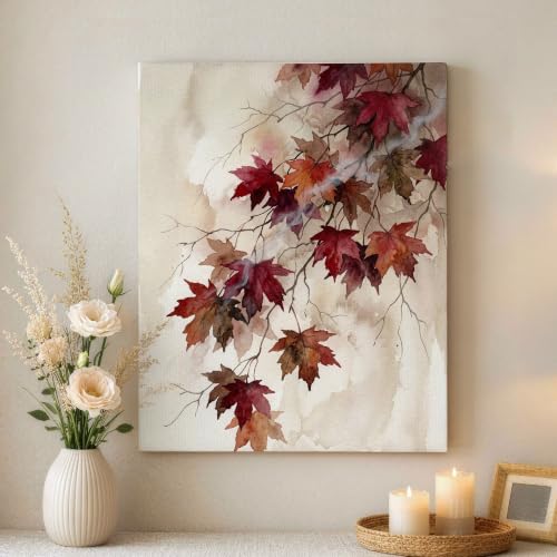Lienzo de hojas de arce en acuarela roja sobre fondo de ramas de otoño para pared