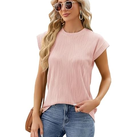 QPQEQTQ Women's Short Sleeve Textured Crewneck Casual Dressy Tops Cute Summer Tops 2024 Loose Basic T-Shirts Work Blouses V7862-Pink L Cover