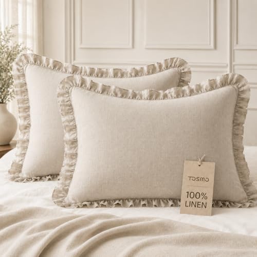 TOSMO 100% Linen Ruffle Pillowcase Queen Size, Set of 2,