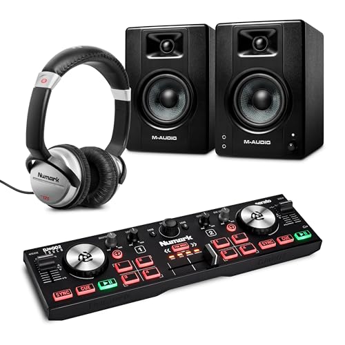Numark DJ2GO2 Touch DJ Controller and M-AUDIO BX3 Pair Studio Monitors with Headphones for Studio Recording, Music Production, Podcasting, Streaming