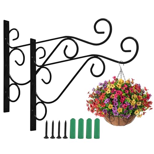 AUXHCYL 2Pcs Hanging Basket Brackets Outdoor,Hanging Baskets Plant Hooks,Iron Hanger Wall Hook for Lantern,Planter,Bird Feeder, Fence (Black)
