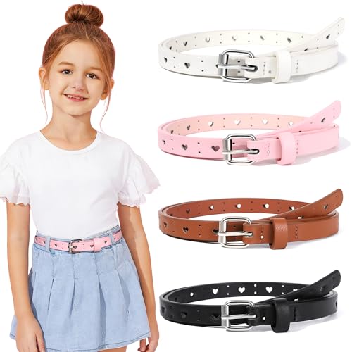 Kajeer 4 Stück Kindergürtel Mädchen - PU Ledergürtel Kinder Jungen mit Herz-Loch Design Verstellbarer Metallschließe Kinder Gürtel Passend für Kleid Schuluniform Hose (Black + Brown + Pink + White S)