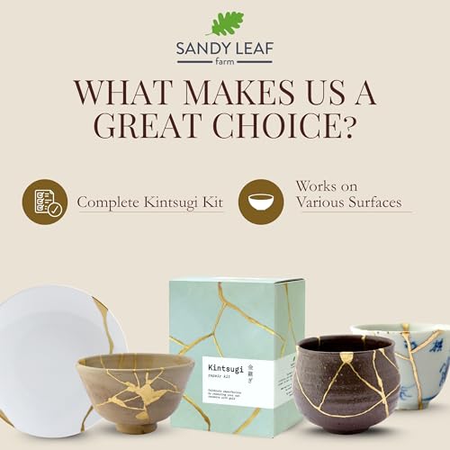 Sandy Leaf Farm Kintsugi Repair Kit - Repair Your own Ceramics with Gold Powder - Includes Two Beautiful Practice Bowls