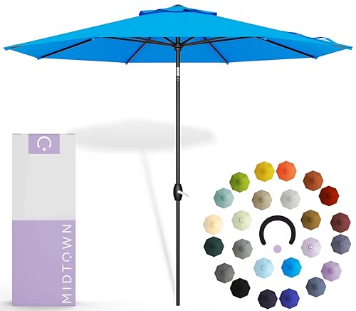Image of Midtown Umbrellas - 10-Year-No-Fade 10FT Patio Umbrella with Terylast Fabric, Auto-Tilt Aluminum Frame and 8 Reinforced Ribs for Deck, Pool, Garden & Beach - Cobalt Blue Canopy, Black Pole