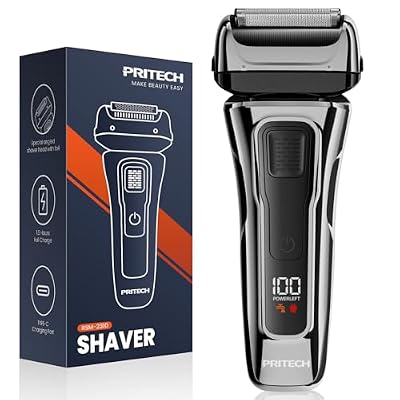 PRITECH Foil Shaver for Men, Electric Razor with Tight Foil Technology, Skin-Friendly Design, Easy Blade Replacement, Cordless Rechargeable with Pop-Up Trimmer, LED Display,Waterproof