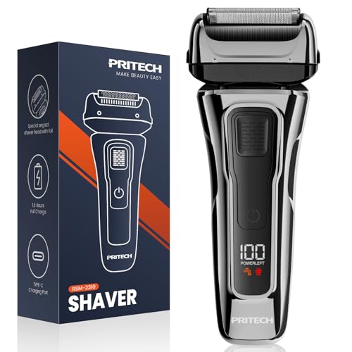PRITECH Foil Shaver for Men, Electric Razor with Tight Foil Technology, Skin-Friendly Design, Easy Blade Replacement, Cordless Rechargeable with Pop-Up Trimmer, LED Display,Waterproof