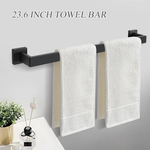 5 Pieces Towel Bar Set Matte Black Bathroom Hardware Accessories Set Include Towel Rack TP Holder Towel Ring Coat Hooks Stainless Steel Wall Mounted Towel Holder Set for Bathroom,23.6 in - Image 3