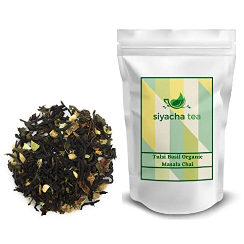 Image of Siyacha Tea Tulsi Basil Organic Masala Chai , 250 Grams , 100% Pure Herbal Blend , Fresh Assam Black Tea , Tulsi(Holy Basil) , Ginger , Cardamom , Cinnamon , Clove , Black Pepper , Nutmeg , Mace Blend , Loose Leaf Chai Patti , Healthy Wellness Range , Makes 125 Cups (approx)