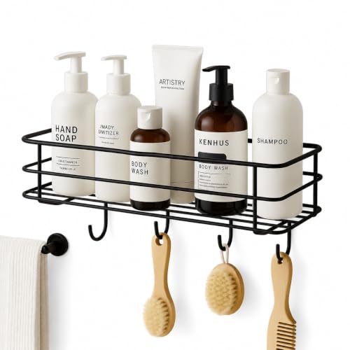 Image of Wall Shelf | GI Steel Self Adhesive Bathroom Organiser with 4 Hooks | No Drill, Black | 28 cm x 10 cm x 6.5 cm