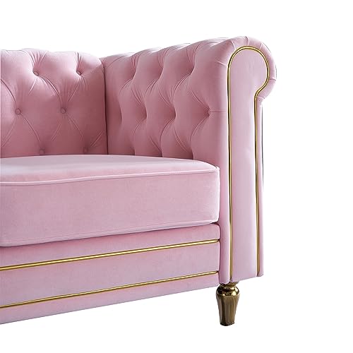 Image of KEIKI 85 inch Chesterfield Velvet Tufted Button Sofa with Deep Seat Cushions and Rolled Arms, Modern Style 3-Seater Couch Decorated with Gold Strip, Easy Assembly, for Living Room, Bedroom, Office, Pink