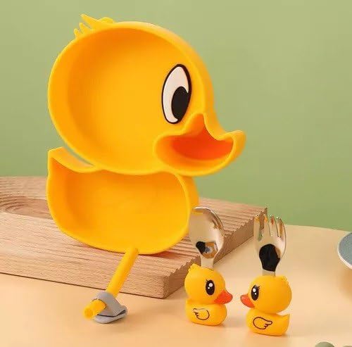 Non Slip Baby Feeding Plate | Little Duck Shape Dish with Suction Cup/Spoon/Fork/Drinking Straw | Microwave & Dishwasher Safe Kids Meal Time Dish | Baby Food Plate (Set of 1,Multicolor)