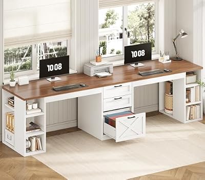 SEDETA Farmhouse 96.5" 2 Person Computer Desk with Storage Drawers