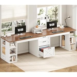 SEDETA Farmhouse 96.5″ Computer Desk with Drawers, 2 Person Home Office Desk, Gaming Double Desk with Storage Shelves, Long Two Person Writing Desk (White and Brown)