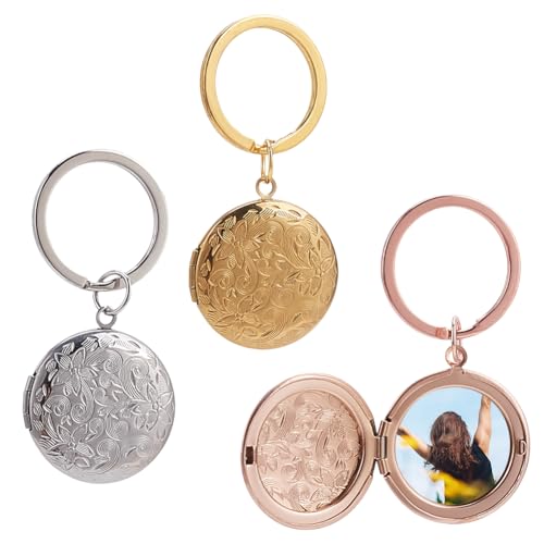 Porte-clés ronds avec médaillon photo PLIGREAT pour femme avec motif floral gravé, lot de 3